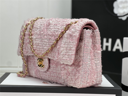 Cha.nel Medium Classic Flap Bag Tweed Gold Tone Metal Pink A01112