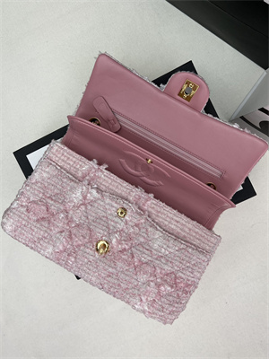 Cha.nel Medium Classic Flap Bag Tweed Gold Tone Metal Pink A01112