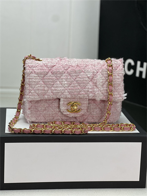 Cha.nel Mini Classic Flap Bag Tweed Gold Tone Metal Pink A01116