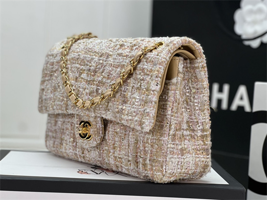 Cha.nel Medium Classic Flap Bag Tweed Gold Tone Metal Beige A01112