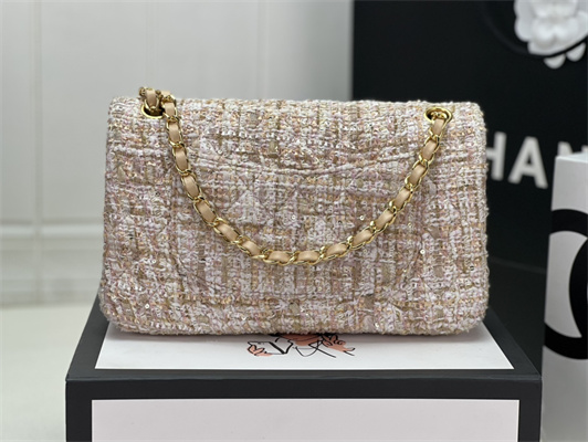 Cha.nel Medium Classic Flap Bag Tweed Gold Tone Metal Beige A01112