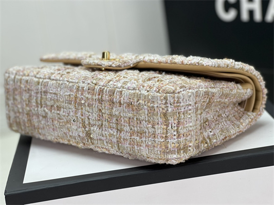 Cha.nel Medium Classic Flap Bag Tweed Gold Tone Metal Beige A01112