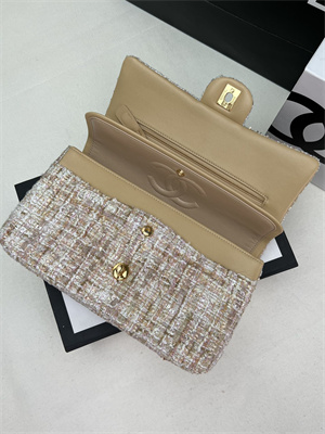 Cha.nel Medium Classic Flap Bag Tweed Gold Tone Metal Beige A01112