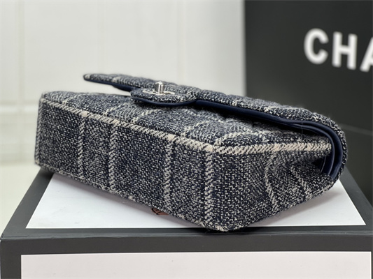 Cha.nel Medium Classic Flap Bag Tweed Silver Tone Metal Navy A01112
