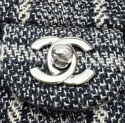 Cha.nel Medium Classic Flap Bag Tweed Silver Tone Metal Navy A01112