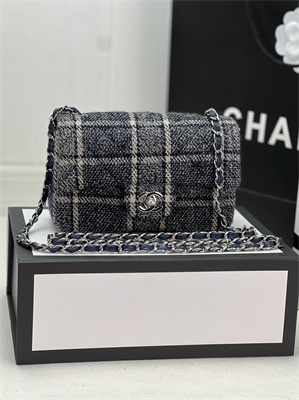 Cha.nel Mini Classic Flap Bag Tweed Silver Tone Metal Navy A01116