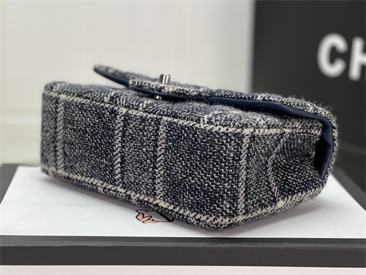 Cha.nel Mini Classic Flap Bag Tweed Silver Tone Metal Navy A01116