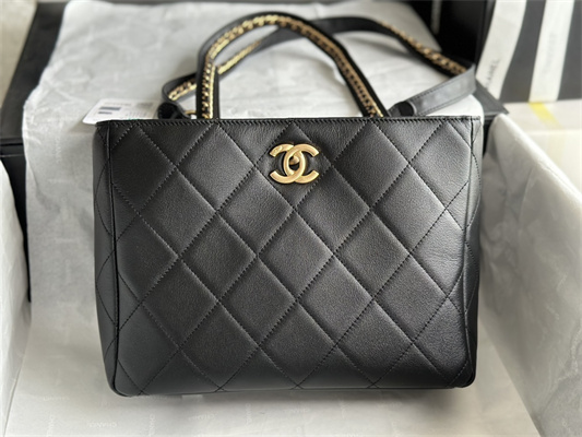 Cha.nel Shopping Bag Smooth Calfskin Gold Tone Metal Black AS3508