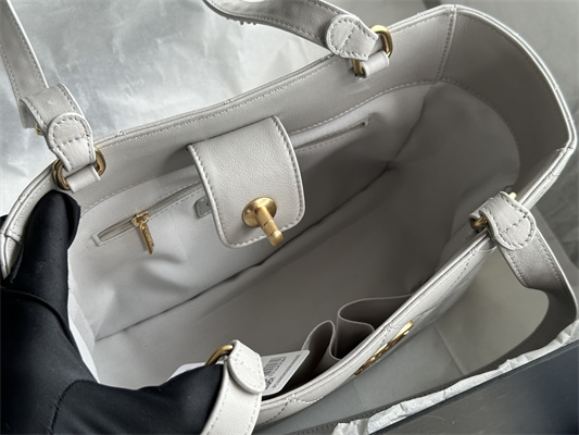 Cha.nel Shopping Bag Smooth Calfskin Gold Tone Metal Grey AS3508