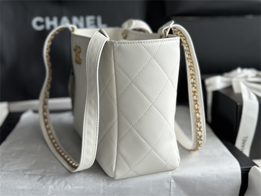 Cha.nel Shopping Bag Smooth Calfskin Gold Tone Metal White AS3508