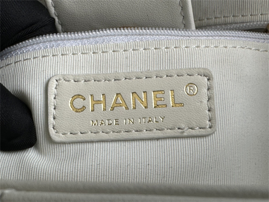 Cha.nel Shopping Bag Smooth Calfskin Gold Tone Metal White AS3508