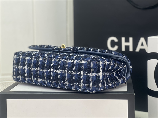 Cha.nel Medium Classic Flap Bag Tweed Gold Tone Metal Dk Blue A01112
