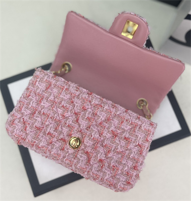 Cha.nel Mini Classic Flap Bag Tweed Gold Tone Metal Pink A01116
