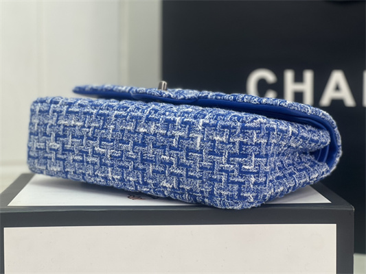 Cha.nel Medium Classic Flap Bag Tweed Silver Tone Metal Blue A01112