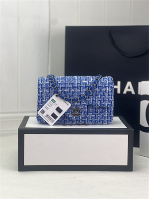 Cha.nel Mini Classic Flap Bag Tweed Silver Tone Metal Blue A01116