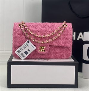 Cha.nel Medium Classic Flap Bag Tweed Gold Tone Metal Pink A01112
