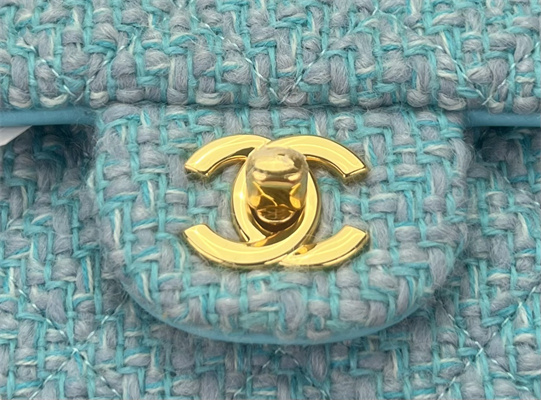 Cha.nel Medium Classic Flap Bag Tweed Gold Tone Metal Blue A01112