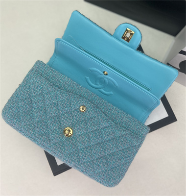 Cha.nel Medium Classic Flap Bag Tweed Gold Tone Metal Blue A01112