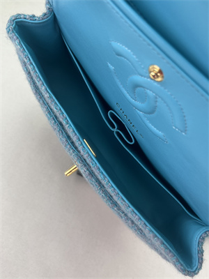 Cha.nel Medium Classic Flap Bag Tweed Gold Tone Metal Blue A01112