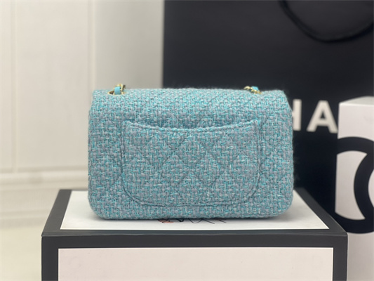 Cha.nel Mini Classic Flap Bag Tweed Gold Tone Metal Blue A01116