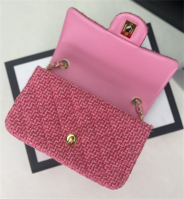 Cha.nel Mini Classic Flap Bag Tweed Gold Tone Metal Pink A01116