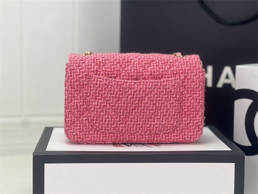 Cha.nel Mini Classic Flap Bag Tweed Gold Tone Metal Pink A01116
