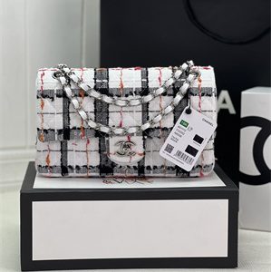 Cha.nel Medium Classic Flap Bag Tweed Silver Tone Metal Colorful A01112