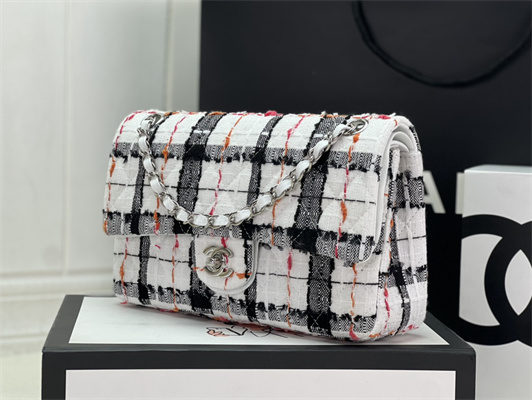 Cha.nel Medium Classic Flap Bag Tweed Silver Tone Metal Colorful A01112