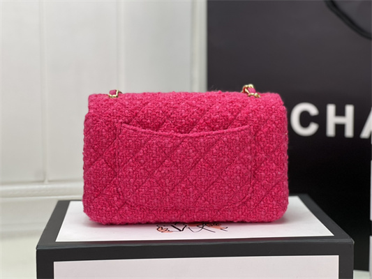Cha.nel Mini Classic Flap Bag Tweed Gold Tone Metal Fuchsia A01116
