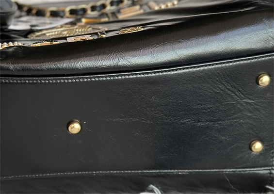 Cha.nel Deauville MM Shopping Bag Shiny Calfskin Gold Tone Metal Black A67001