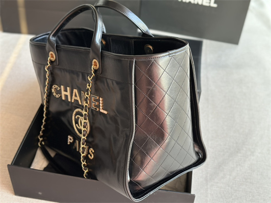 Cha.nel Deauville Large Shopping Bag Shiny Calfskin Gold Tone Metal Black A66941