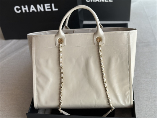 Cha.nel Deauville Large Shopping Bag Shiny Calfskin Gold Tone Metal White A66941