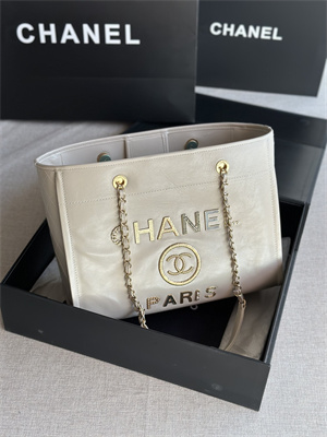 Cha.nel Deauville MM Shopping Bag Shiny Calfskin Gold Tone Metal White A67001