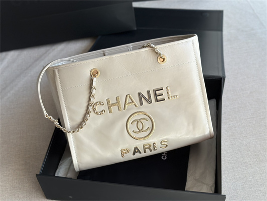 Cha.nel Deauville MM Shopping Bag Shiny Calfskin Gold Tone Metal White A67001