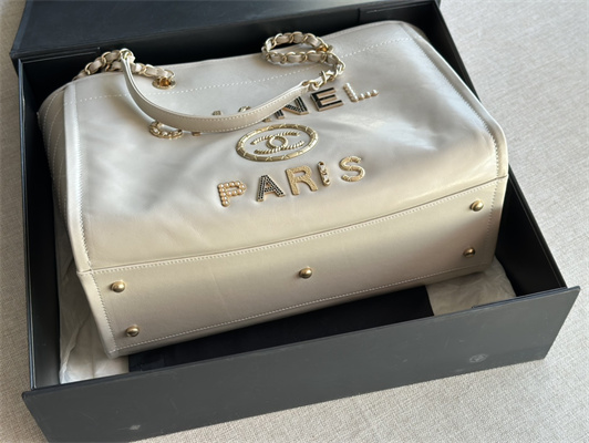 Cha.nel Deauville MM Shopping Bag Shiny Calfskin Gold Tone Metal White A67001