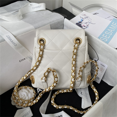 Cha.nel Backpack Lambskin Gold Tone Metal White AS4275