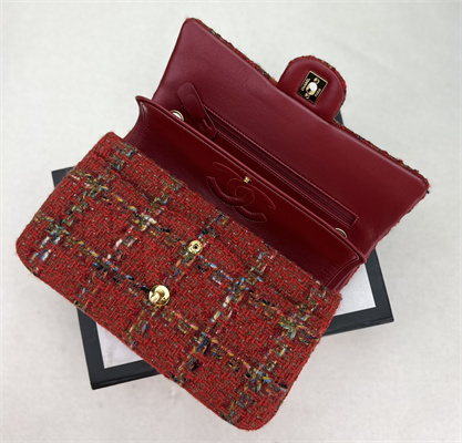 Cha.nel Medium Classic Flap Bag Tweed Gold Tone Metal Red A01112