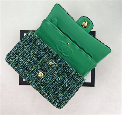Cha.nel Medium Classic Flap Bag Tweed Gold Tone Metal Green A01112