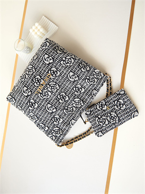 Cha.nel 22 Medium Handbag Tweed Gold Tone Metal Black/White AS3261