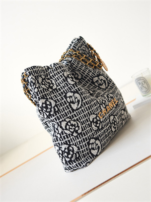 Cha.nel 22 Small Handbag Tweed Gold Tone Metal Black/White AS3260