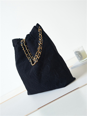 Cha.nel 22 Medium Handbag Velvet Gold Tone Metal Black AS3261