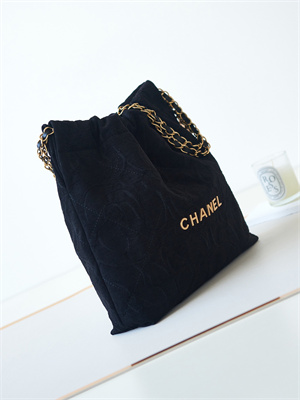 Cha.nel 22 Small Handbag Velvet Gold Tone Metal Black AS3260