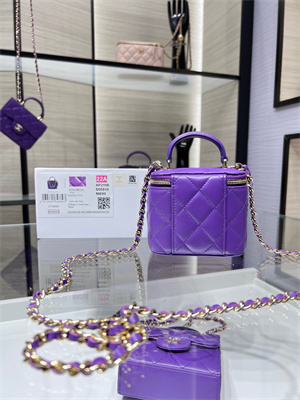 Cha.nel Vanity Case With Chain Lambskin Gold Tone Metal Purple AP2198