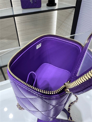 Cha.nel Vanity Case With Chain Lambskin Gold Tone Metal Purple AP2198
