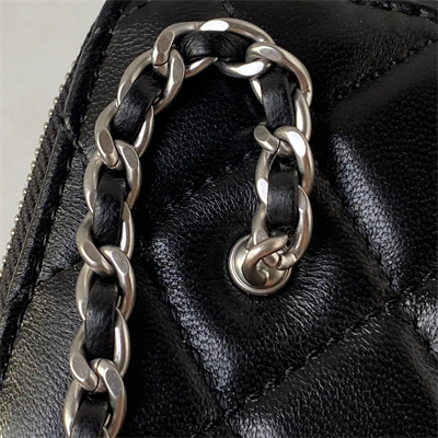 Cha.nel Vanity Case With Ball Lambskin Silver Tone Metal Black AP2303