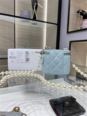 Cha.nel Vanity Case With Chain Lambskin Gold Tone Metal Blue AP2581