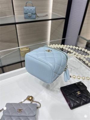 Cha.nel Vanity Case With Chain Lambskin Gold Tone Metal Blue AP2581