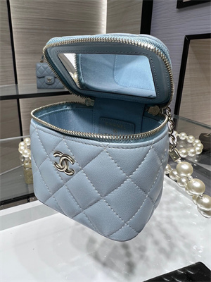 Cha.nel Vanity Case With Chain Lambskin Gold Tone Metal Blue AP2581