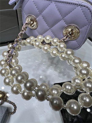 Cha.nel Vanity Case With Chain Lambskin Gold Tone Metal Lilac AP2581