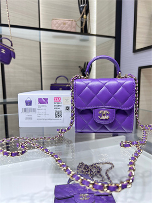 Cha.nel Vanity Case With Top Handle Lambskin Gold Tone Metal Purple AP2682